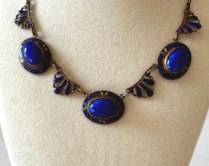 Vintage Czech Neiger? Art Deco Lapis Blue Cabochon and Enamel Necklace 16"