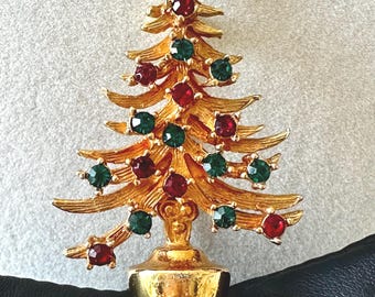 Vintage Robert Christmas Tree Brooch with Red & Green Rhinestone Ornaments