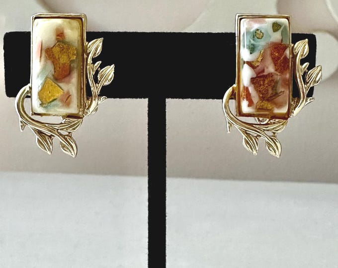 Vintage Coro Cream Confetti Lucite Earrings Clip-On