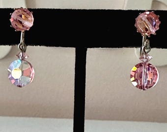 Vintage Pink Faceted AB Crystal Drop Earrings Clip-On Unsigned