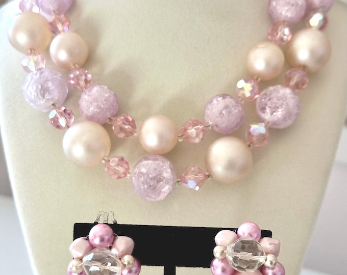 Vintage Laguna Pink Acrylic Double Strand Beaded Necklace + Japan Earrings