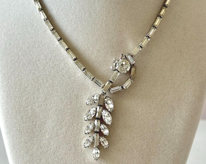 Vintage Clear Rhinestone Pendant Bridal Necklace Unsigned 16"