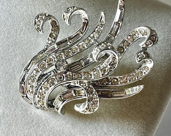 Vintage Rhinestone Silver Tone Curly Ribbon Brooch Unsigned