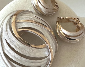 Vintage 1960s Silver Tone and Polished Gold Tone Brooch + Earrings