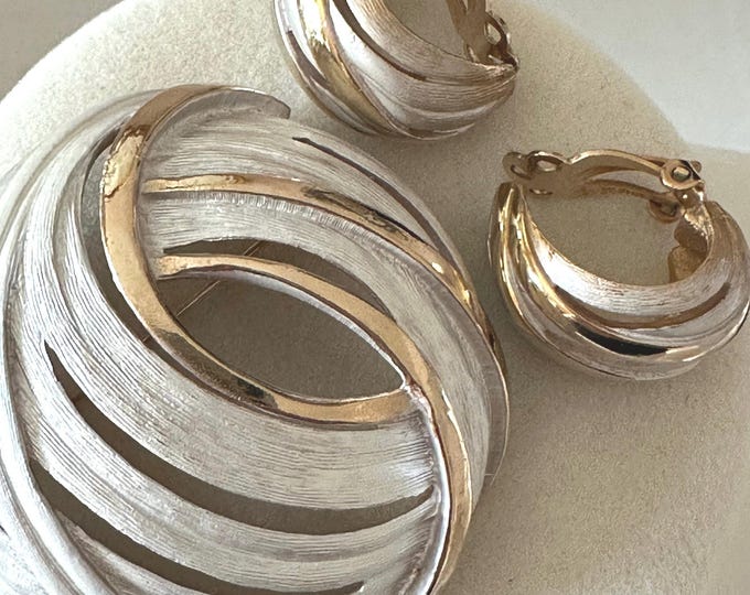 Vintage 1960s Silver Tone and Polished Gold Tone Brooch + Earrings