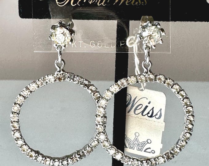 Vintage Weiss Clear Rhinestone Drop Hoop Earrings for Pierced Ears with Original Tags
