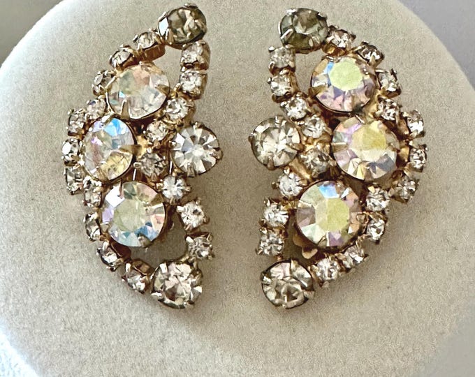 Vintage AB Rhinestone Climber Earrings Unsigned 1.5" Clip-On