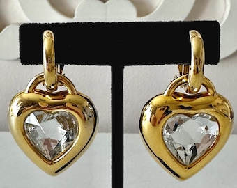 Vintage Gold Tone Dangling Heart Earrings Unsigned 2"