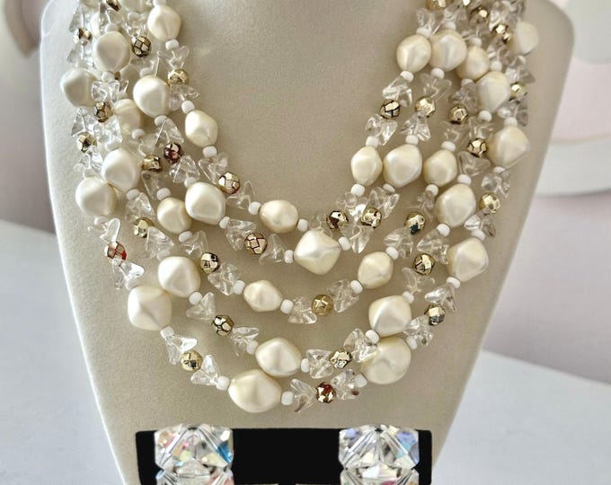 Vintage 5-Strand White Beaded Necklace + Crystal Clip-On Earrings