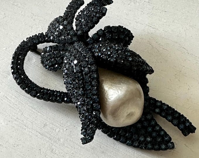 Vintage Vendome Brooch Japanned Metal with Huge Baroque Pearl and Deep Blue Rhinestones 3"