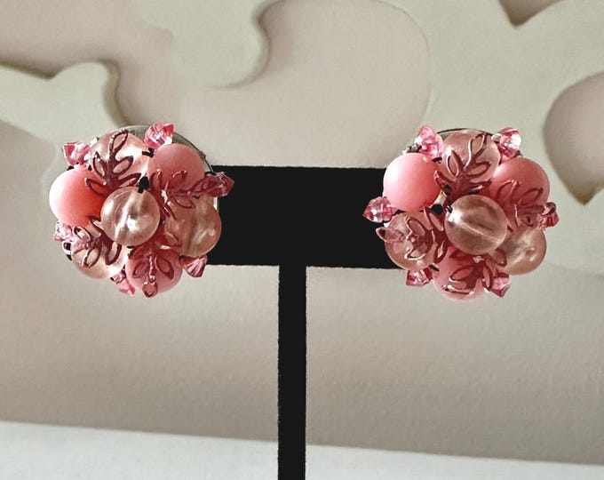 Vintage Pink Acrylic Beaded and Enamel Earrings from Hong Kong