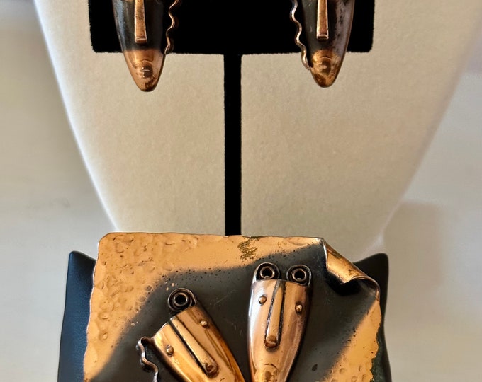 Vintage Francisco Rebajes Iconic 1950s Copper Mask Brooch and Earrings