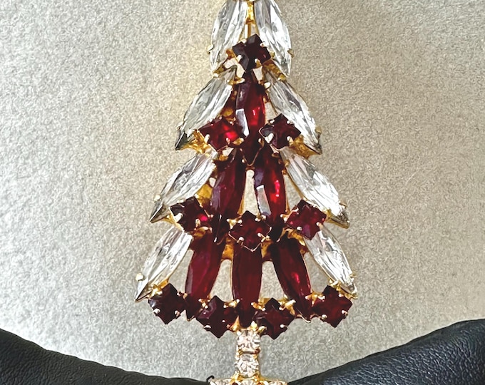 Vintage Dominique Clear and Red Marquise Christmas Tree Brooch 2 1/2"