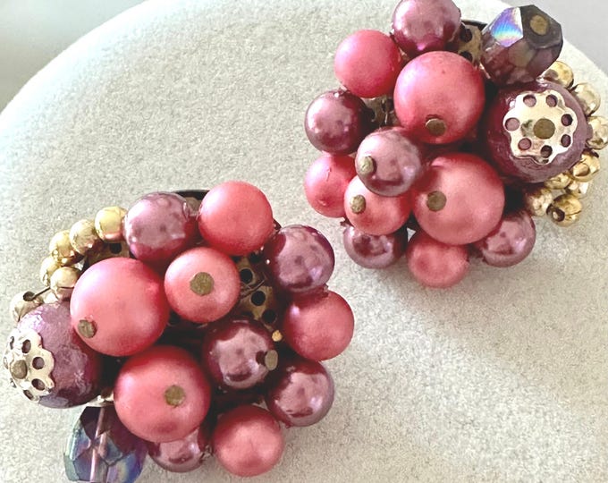 Vintage Beaded Earrings in Raspberry Pink Shades