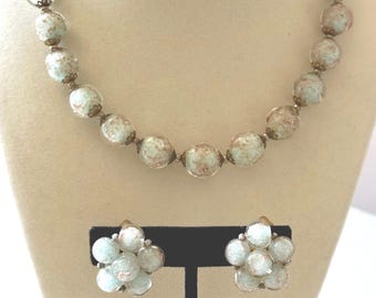 Vintage Venetian Italian Glass Sommerso Beaded Necklace + Clip-On Earrings