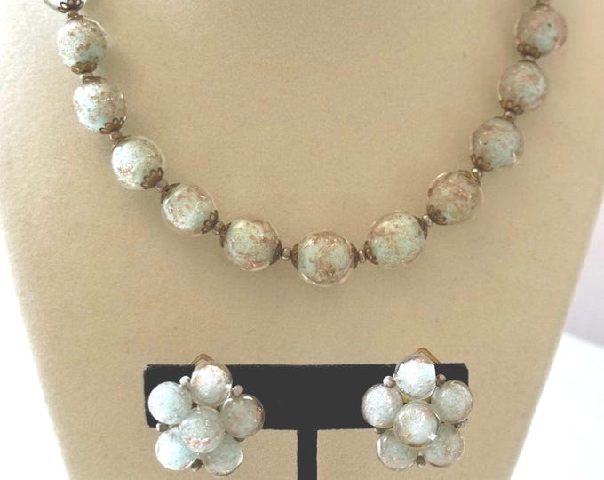 Vintage Venetian Italian Glass Sommerso Beaded Necklace + Clip-On Earrings