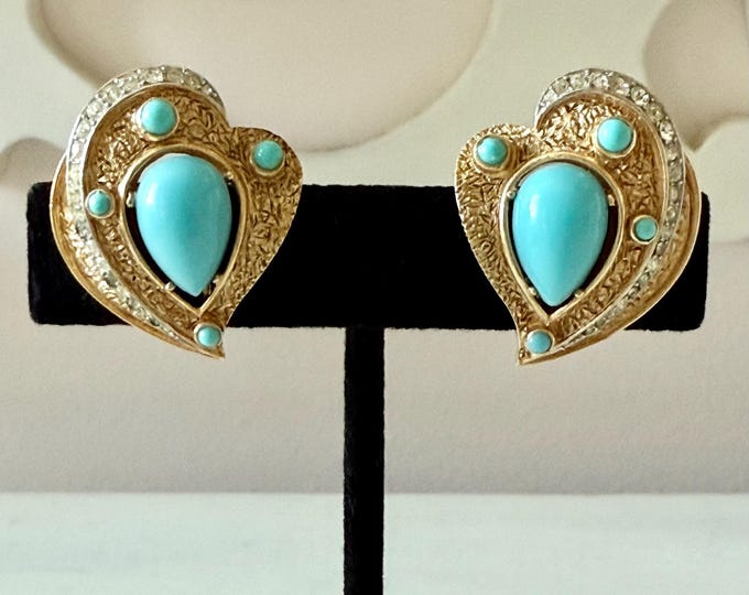 Vintage Trifari Turquoise Stone and Rhinestone Heart-Shaped Earrings Clip On