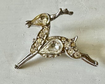 Vintage Silver Tone Rhinestone Reindeer Brooch/Pin 1 3/8"
