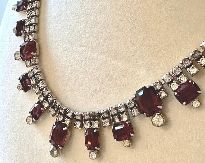 Vintage Choker Necklace in Purple and Clear Rhinestones 15.5"-17"