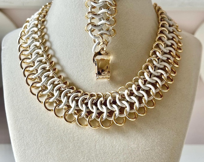 Vintage Trifari Made in France White and Gold Tone Looped Ring Necklace + Bracelet