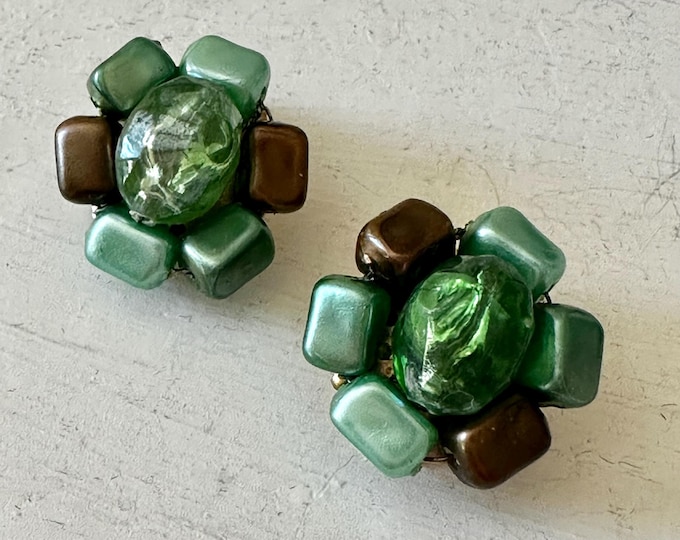 Vintage Hong Kong Green Acrylic Beaded Earrings
