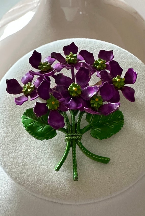 Vintage Enamel Purple and Green Floral Bouquet Bro