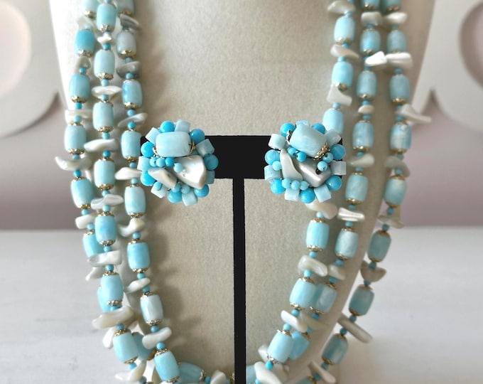Vintage Japan Blue Acrylic and Faux MOP Triple-Strand Beaded Necklace + Earrings