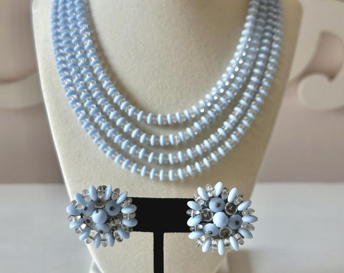 Vintage West Germany Blue Glass Beaded 4-Strand Necklace + Earrings