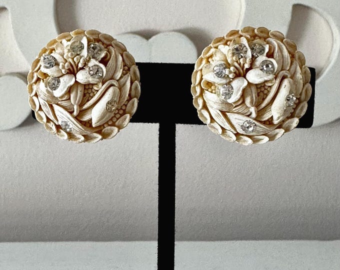 Vintage 1950s Carved Celluloid Bridal Earrings with Lily Design and Rhinestones