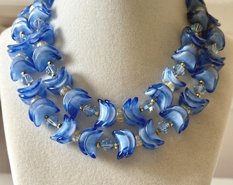 Vintage Vendome Blue Art Glass Double Strand Beaded Necklace
