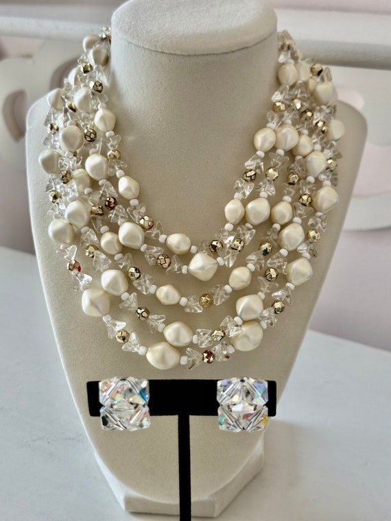 Vintage 5-Strand White Beaded Necklace + Crystal C