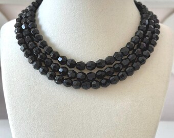 Vintage Czech Black Faceted Glass Triple-Strand Choker Necklace 16"