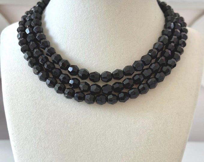 Vintage Czech Black Faceted Glass Triple-Strand Choker Necklace 16"