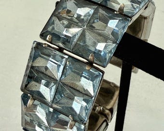 Vintage Ice Blue Faceted Glass Cuff Bracelet Unsigned