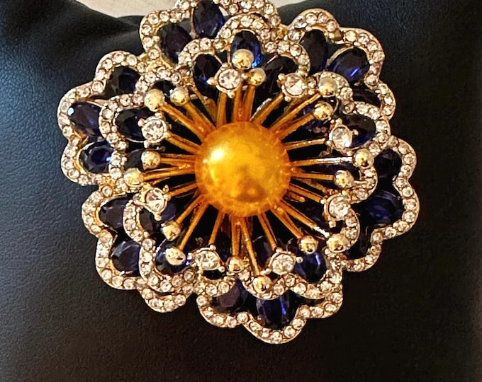 Vintage Layered Blue Rhinestone Flower Pendant/Brooch With Golden Faux Pearl