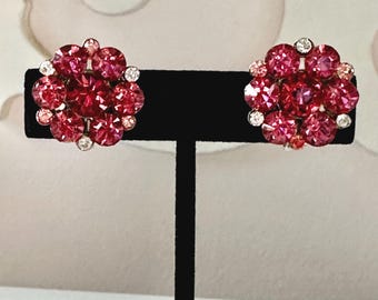 Vintage Coro Pink Rhinestone Floral Earrings Screw Back