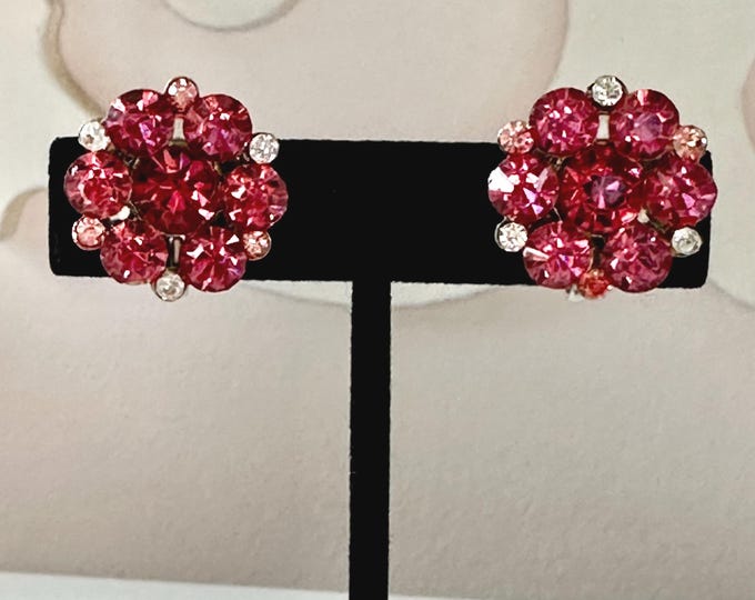 Vintage Coro Pink Rhinestone Floral Earrings Screw Back