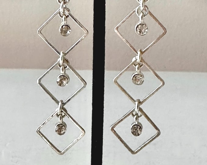 Vintage Silver Tone Geometric Drop Earrings 2 3/8" Unsigned