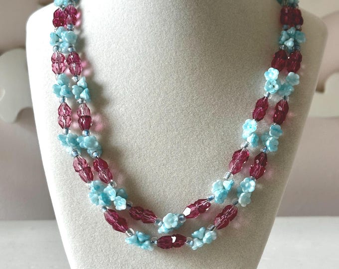 Vintage Hobe Pink Crystals and Aqua Molded Glass Double-Strand Beaded Necklace