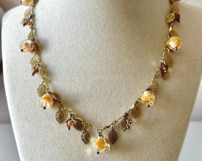 Vintage Gold Tone Leaves and AB Crystal Necklace 19"