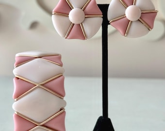 Vintage 1960s Western Germany Pink Glass Geometric Bracelet + Clip On Earrings