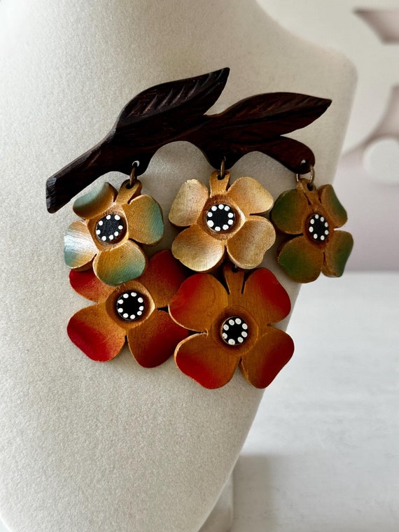 Vintage 1950s Large Wooden Brooch of Dangling Painted Flowers