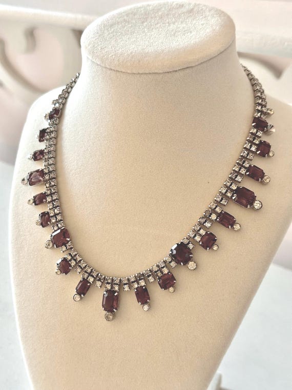Vintage Choker Necklace in Purple and Clear Rhinestones 15.5"-17" View 3