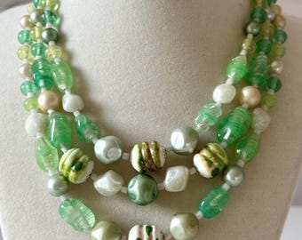 Vintage Japan Three-Strand Art Glass and Acrylic Beaded Necklace in Shades of Green and White