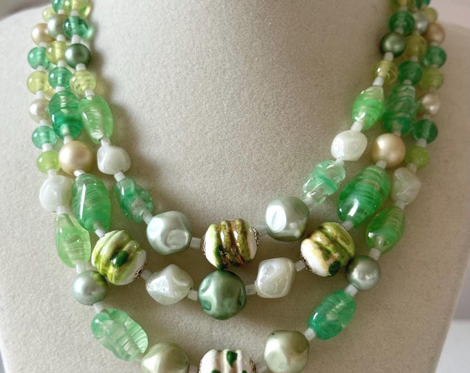 Vintage Japan Three-Strand Art Glass and Acrylic Beaded Necklace in Shades of Green and White