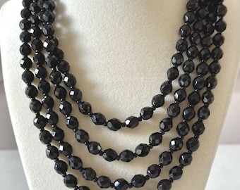 Vintage Czech Black Faceted Glass Beaded Necklace