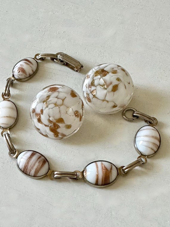 Vintage Murano Glass White Aventurine Bracelet + Earrings