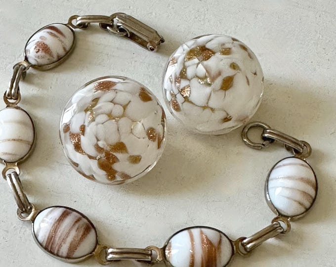 Vintage Murano Glass White Aventurine Bracelet + Earrings