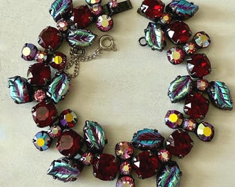 Vintage Regency Red Rhinestone Iridescent Glass and AB Bracelet