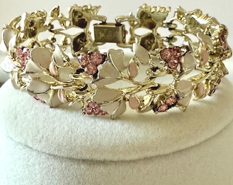Vintage Coro Ivory and Pink Enamel and Pink Rhinestone Link Bracelet